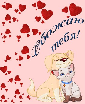 Яркая, красивая открытка для любимой, любимого! Влюбленные кошечка и собачка. Скачать открытку на тему любовь и романтика бесплатно онлайн! скачать открытку бесплатно | 123ot
