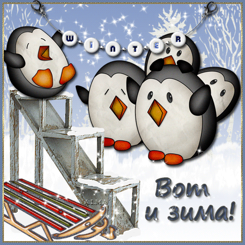 Прикольная Открытка с первым днем зимы Пингвины. Открытки  Прикольная Открытка с первым днем зимы Веселые Пингвины скачать бесплатно онлайн скачать открытку бесплатно | 123ot