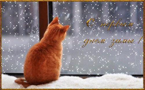 Открытка с первым днем зимы 1 декабря Рыжий. Открытки  Открытка с первым днем зимы 1 декабря Рыжий кот на окошке скачать бесплатно онлайн скачать открытку бесплатно | 123ot