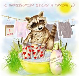 Открытка, картинка, 1 мая, Первомай, День весны и труда! Енот-полоскун! скачать открытку бесплатно | 123ot