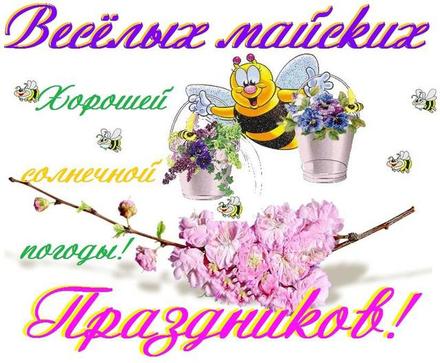 Веселая открытка 1 мая, картинка 1 мая, Первомай! Пчелка труженица! Поздравление на 1 мая! скачать открытку бесплатно | 123ot