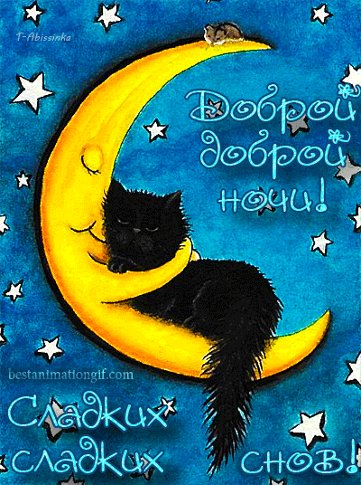 Красивая открытка, доброй ночи, открытка с пожеланием, черный кот спит на луне. скачать открытку бесплатно | 123ot