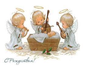 Рождественская открытка Ангелочки. Открытки  ёРождественская открытка Ангелочки играют на скрипках скачать бесплатно онлайн скачать открытку бесплатно | 123ot