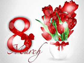 Открытка на 8 марта Красные тюльпаны. Открытки  Открытка на 8 марта Красные сияющие тюльпаны скачать бесплатно онлайн скачать открытку бесплатно | 123ot